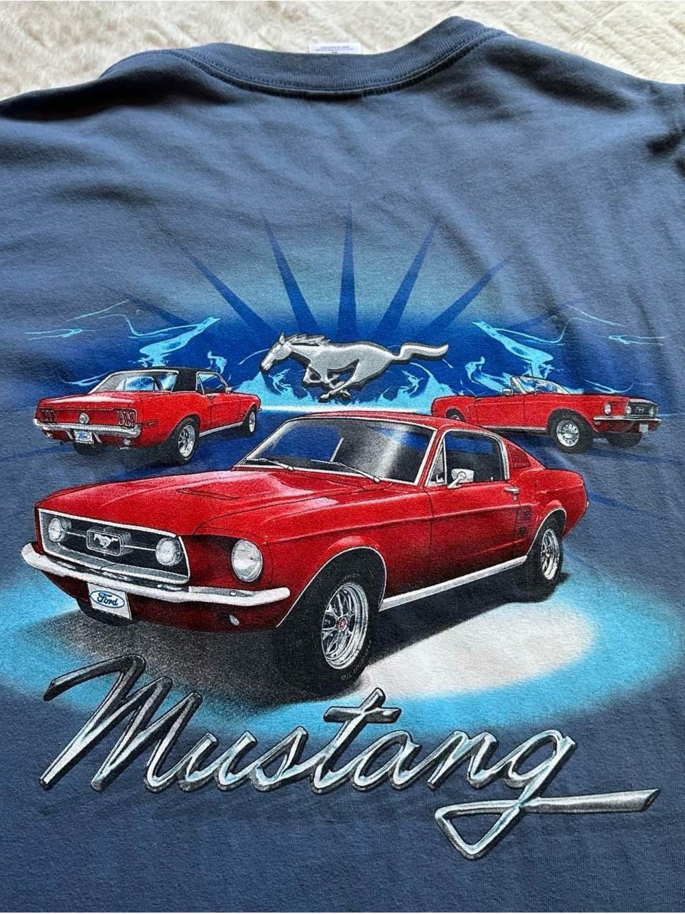 Vintage Ford Mustang Graphic Tee in Blue with Red Cars Mens XL